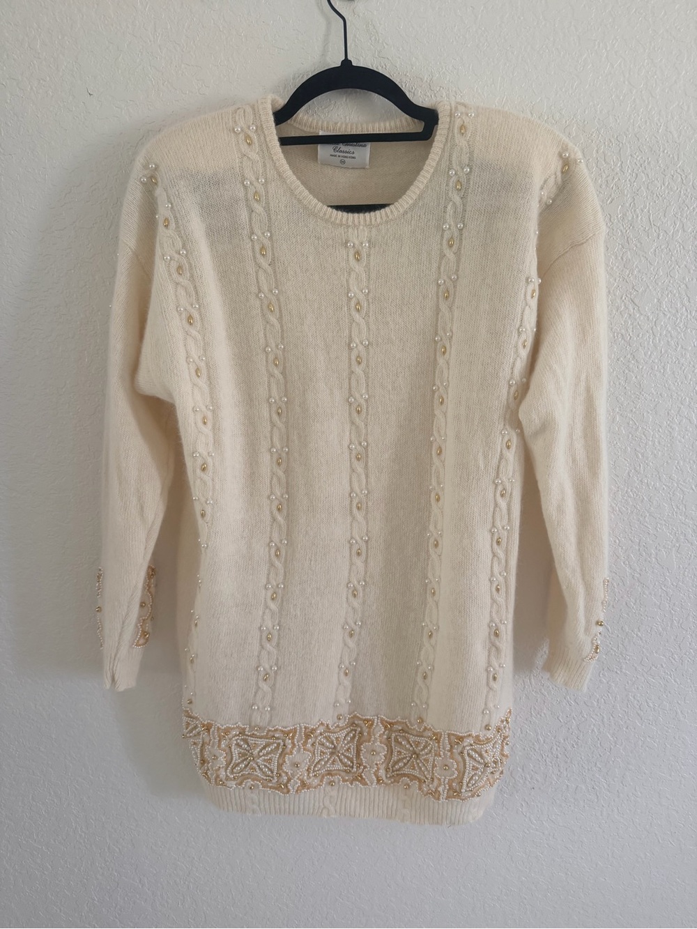 Vintage Beaded Angora Lambswool Pearl Knit Pullover Sweater Size M Cream